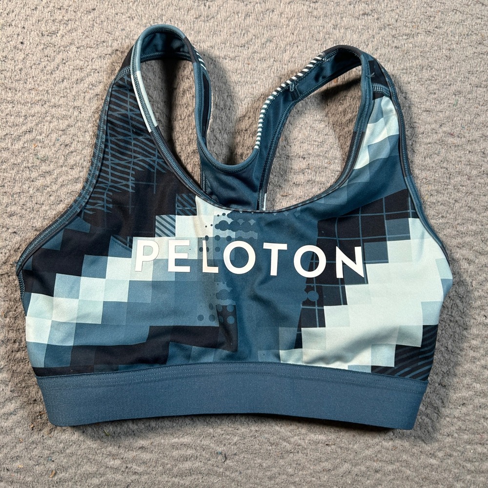 Peloton Adidas Sports Bra Women Small‎ Blue Geometric Pixel Print Racerback